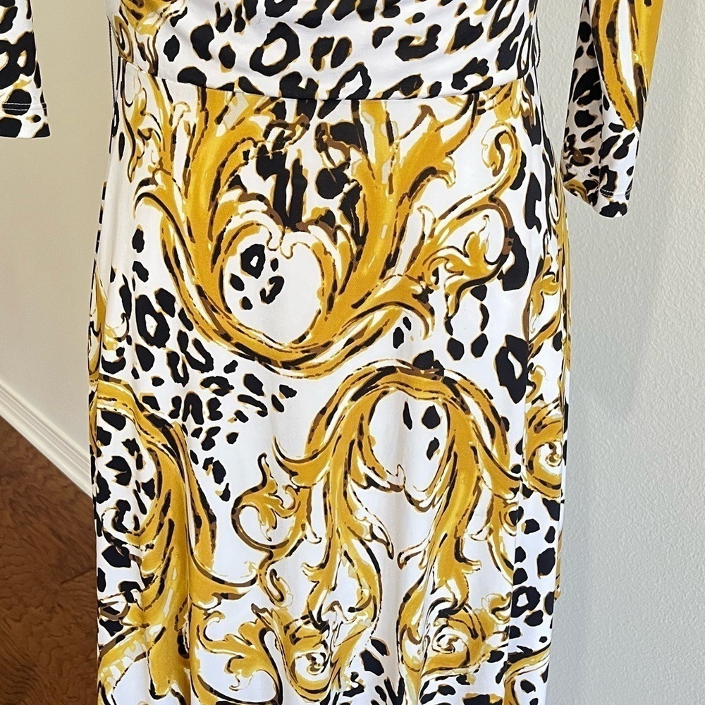 Tahari Yellow and Black Long Sleeve Dress with Cheetah Print, Size 4 - Picture 2 of 5